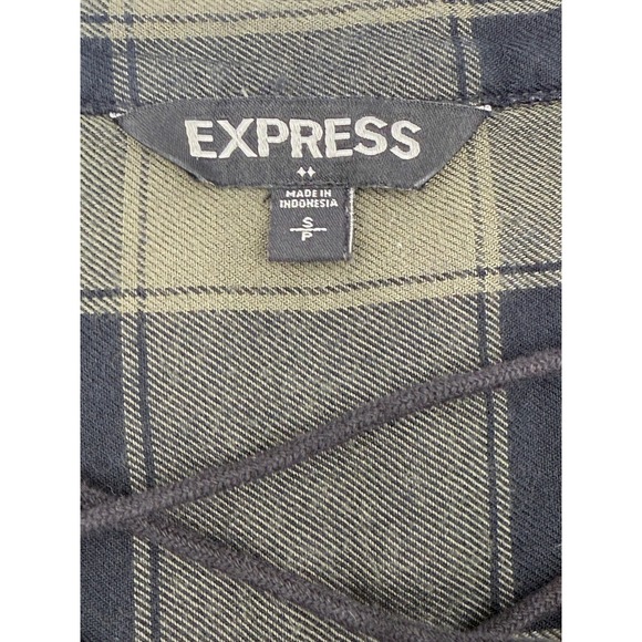 Express Plaid Lace-Up‎ Long Sleeve Top Womens Small Olive Green Black Casual - Picture 13 of 16